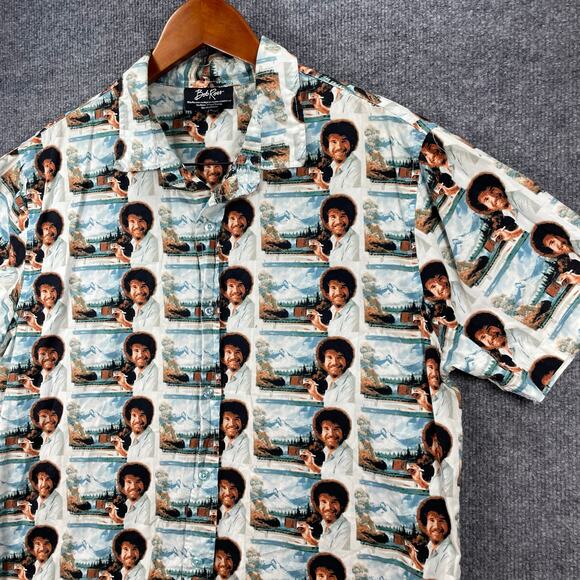 Bob Ross Button Up Shirt Men's Large White Geometric AOP SS Casual Fun Party - Picture 2 of 10